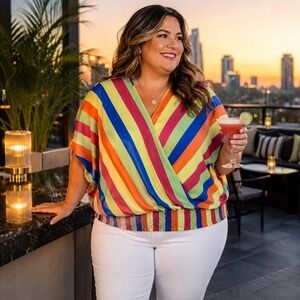 Ashley Stewart Women's 18/20W Striped Surplice Top Dolman Resort Colorful Artsy